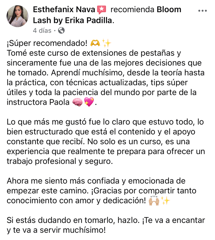 COMPLETAR: reseña de Esthefania publicada en Facebook